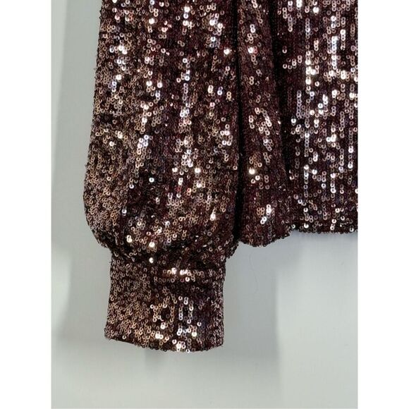 Cable and gauge Merlot rose gold sequin mock neck blouse size large  - Picture 7 of 10